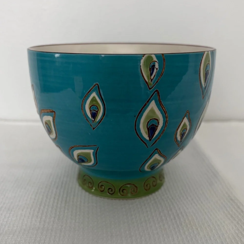 PIER 1 Dolomite Peacock Feather Hand Painted Mug Cup